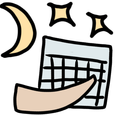 shofar in front of calendar page, crescent moon and stars above